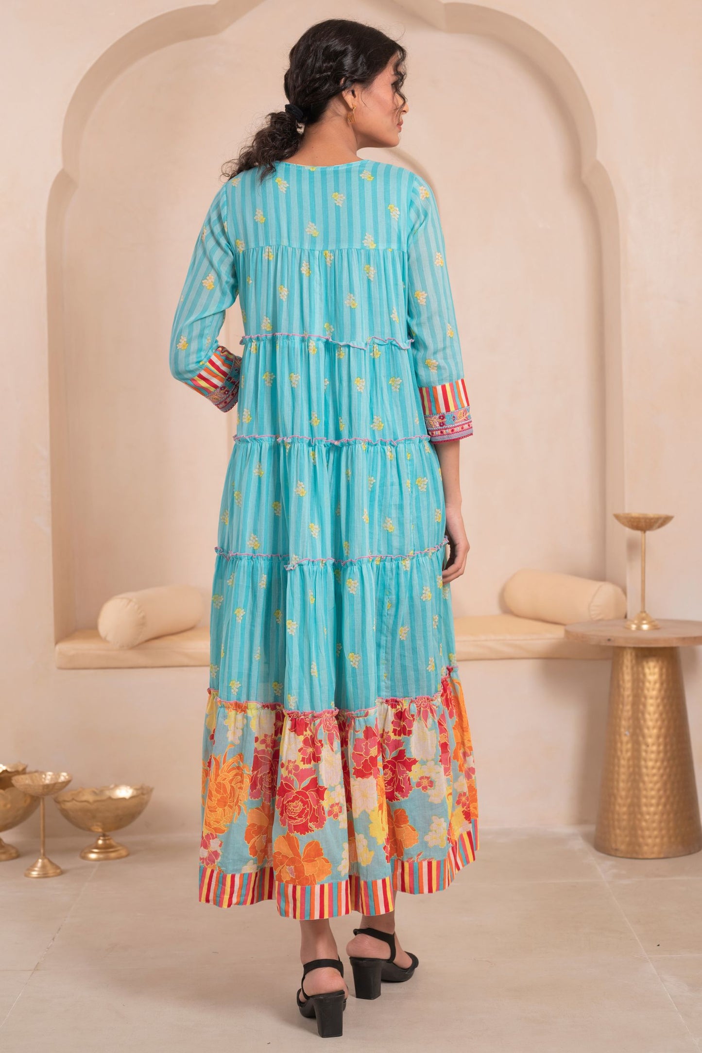 Women’s Cotton Blue Floral Embroidered Fit and Flare Dress – Elegant Casual and Party Wear Outfit