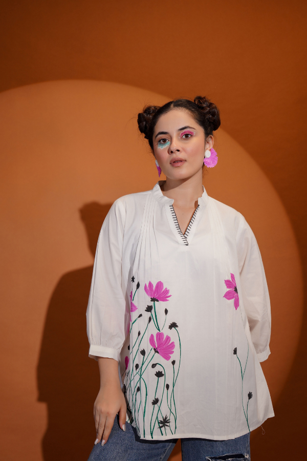 πΈ Elegant White Floral Top for Girls & Women | Hand Painted & Hand Work π¨β¨