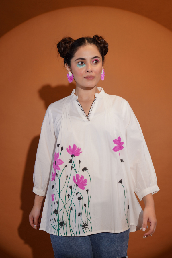 πΈ Elegant White Floral Top for Girls & Women | Hand Painted & Hand Work π¨β¨