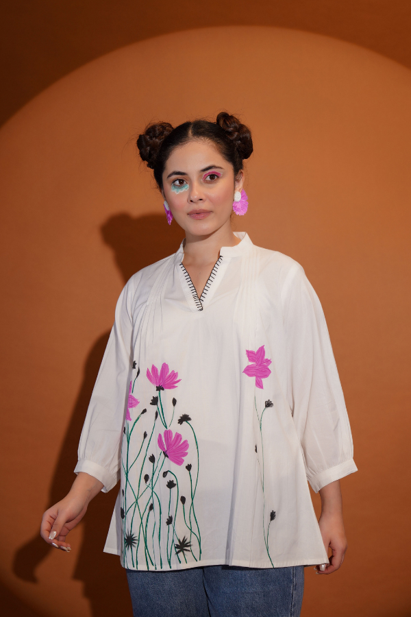 πΈ Elegant White Floral Top for Girls & Women | Hand Painted & Hand Work π¨β¨