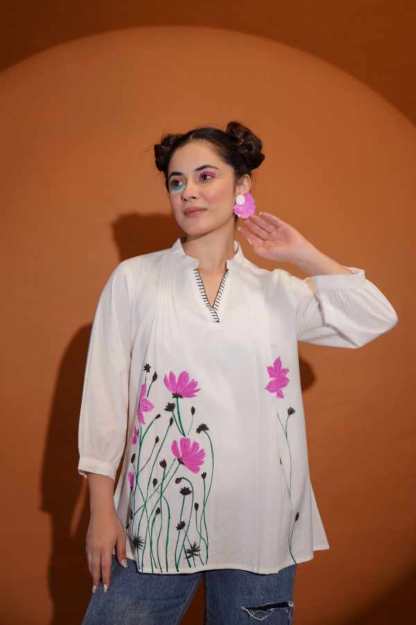 πΈ Elegant White Floral Top for Girls & Women | Hand Painted & Hand Work π¨β¨