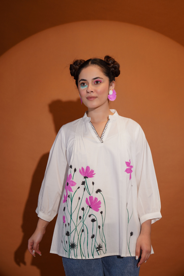 πΈ Elegant White Floral Top for Girls & Women | Hand Painted & Hand Work π¨β¨