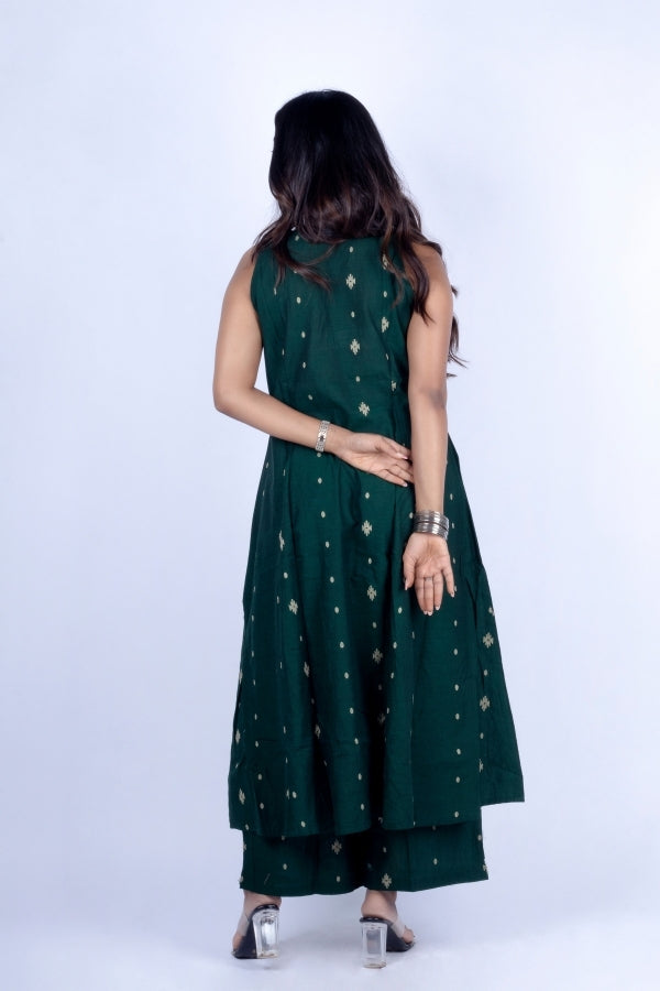 π Dark Green Sleeveless Flared Kurti with Palazzo | Embroidered Front Patch Work πβ¨