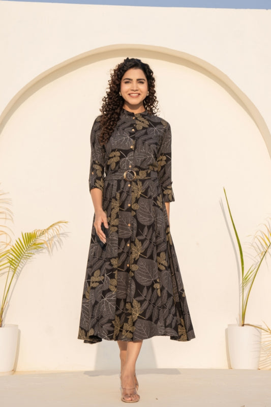 Stunning Black Digital Print Midi Dress