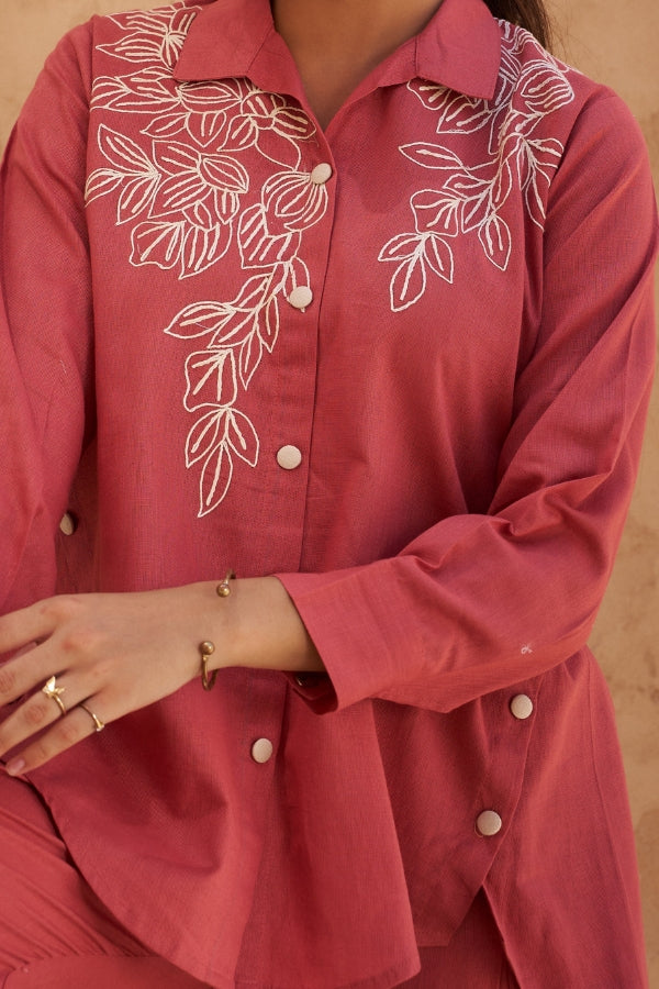 Red Co-Ord Set for Women | White Embroidered Collar & Front | Stylish Ethnic Wear