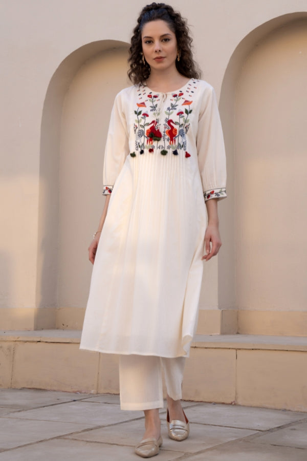 Elegant White Embroidered Kurta Set with Multicolor Hand Work
