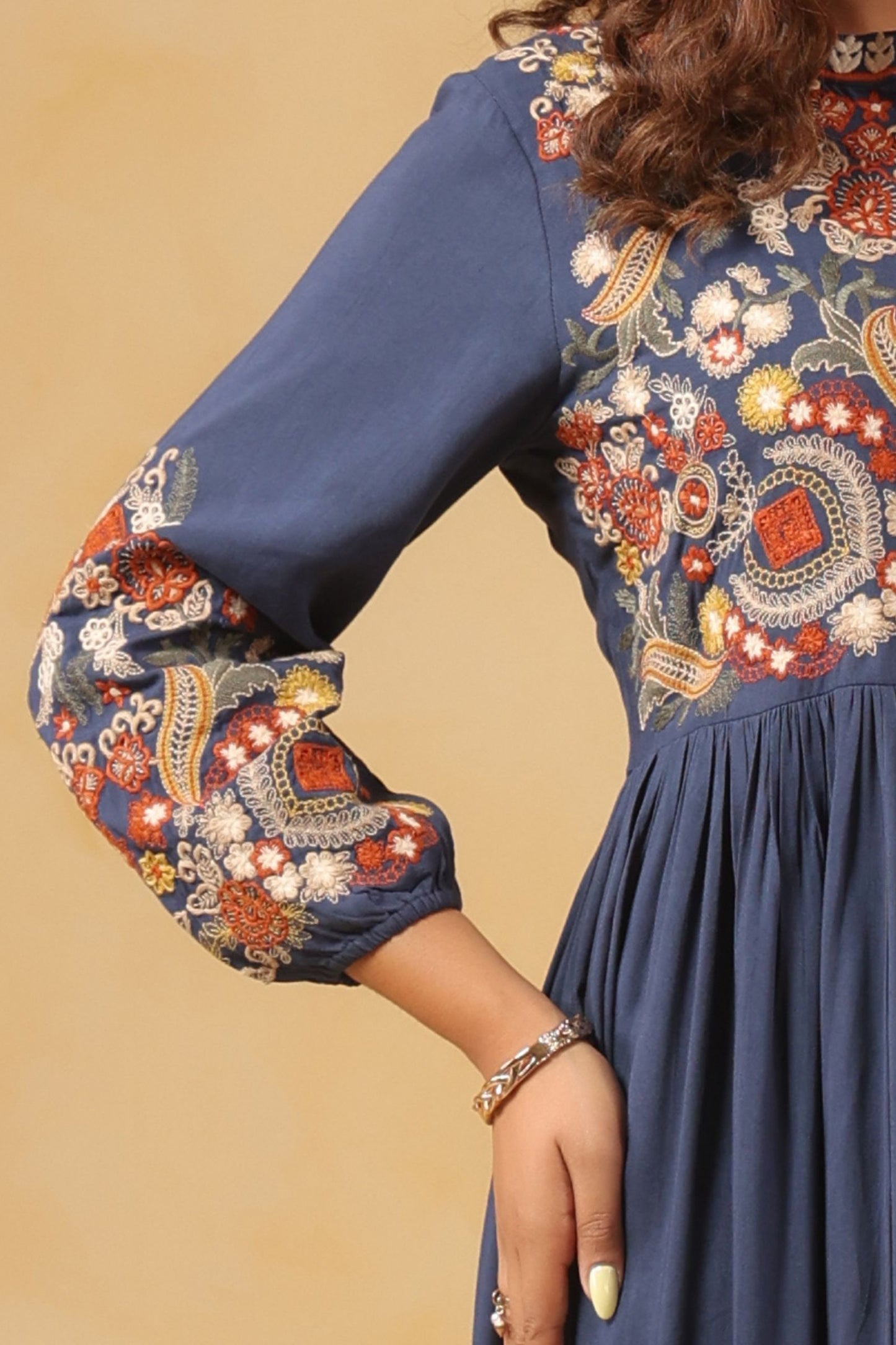 Floral Embroidered Maxi Dress with Pleated Skirt/Tunic
