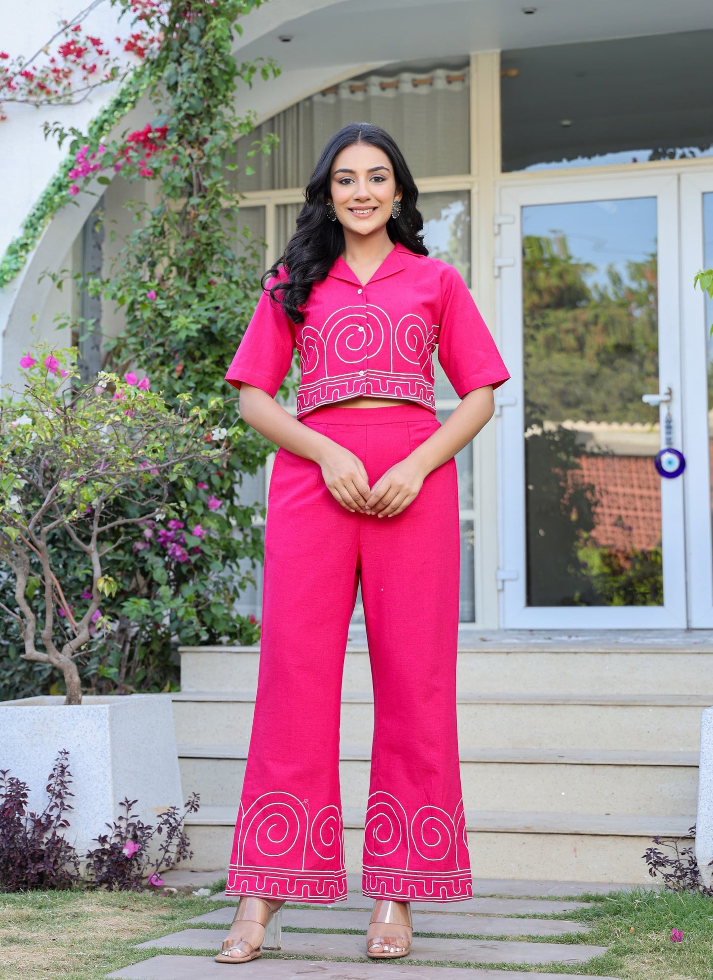 Women’s Pure Cotton Pink Embroidered Co-Ord Set with Button-Down Top & Elastic Waist Pants 🌸✨