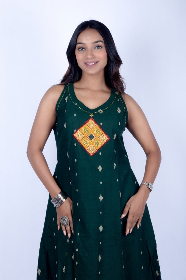 π Dark Green Sleeveless Flared Kurti with Palazzo | Embroidered Front Patch Work πβ¨