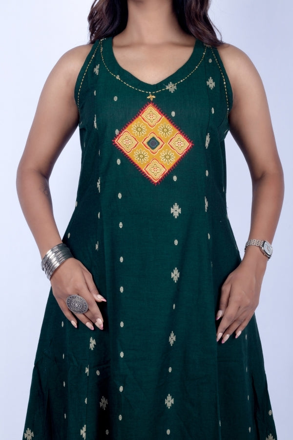 π Dark Green Sleeveless Flared Kurti with Palazzo | Embroidered Front Patch Work πβ¨
