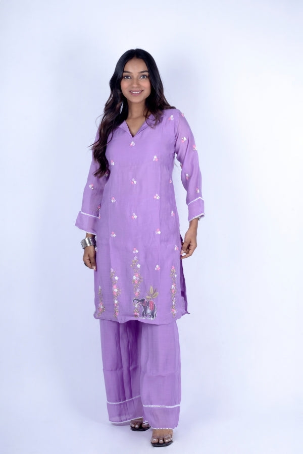 π Elegant Purple Embroidered Kurti & Palazzo Set with Elephant Motif ππΈ