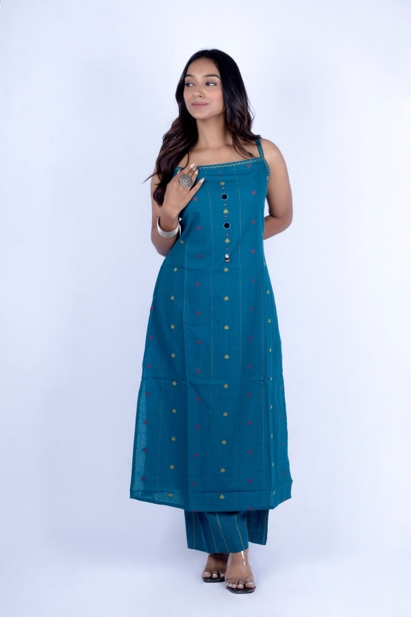 π Dark Rama Sleeveless Kurti & Pant Set with Embroidery & Mirror Work β¨πͺ