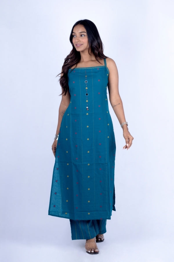 π Dark Rama Sleeveless Kurti & Pant Set with Embroidery & Mirror Work β¨πͺ