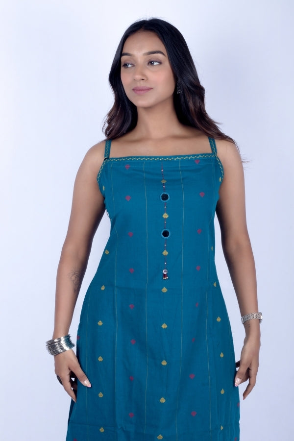 π Dark Rama Sleeveless Kurti & Pant Set with Embroidery & Mirror Work β¨πͺ