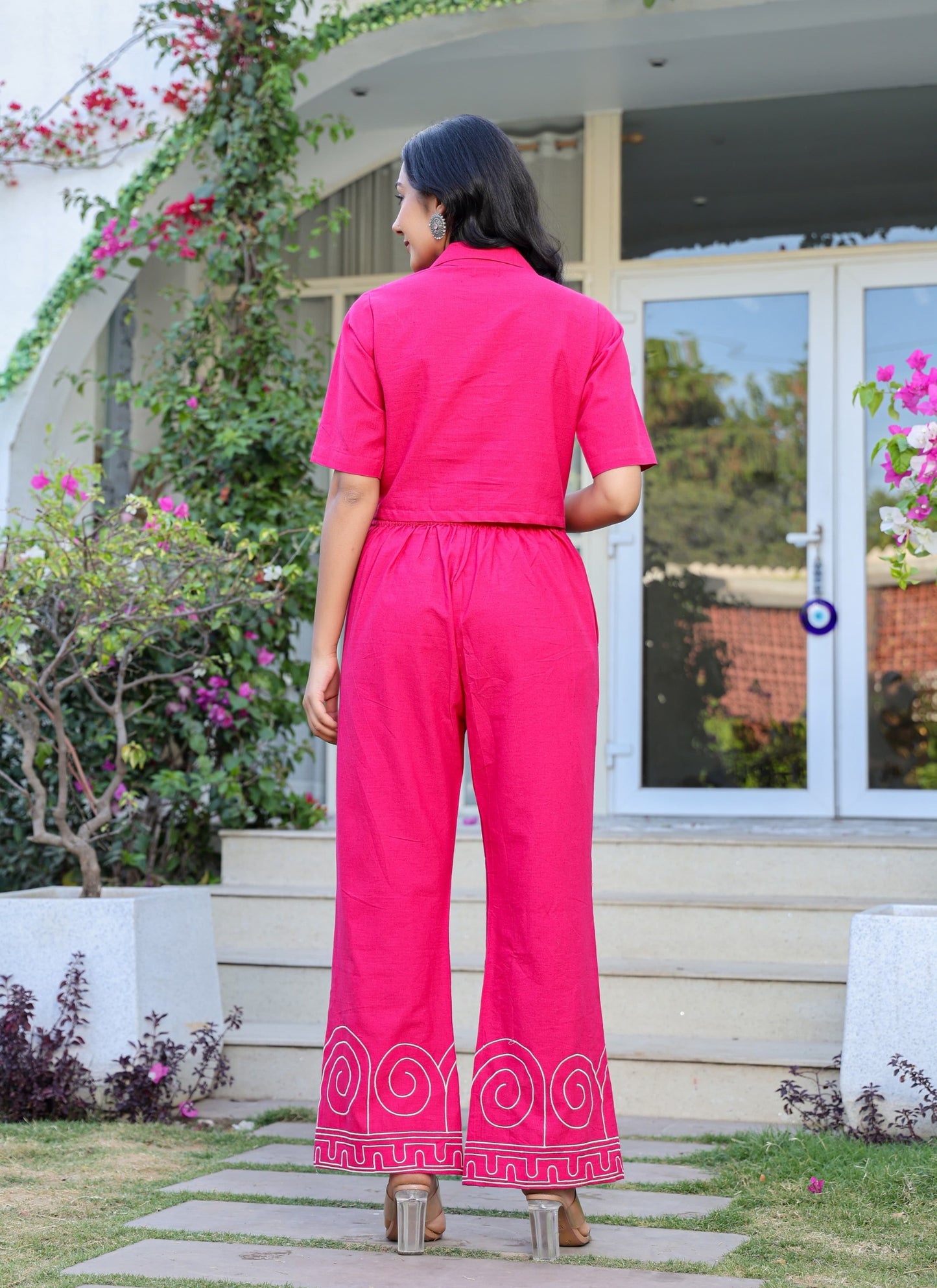Women’s Pure Cotton Pink Embroidered Co-Ord Set with Button-Down Top & Elastic Waist Pants 🌸✨
