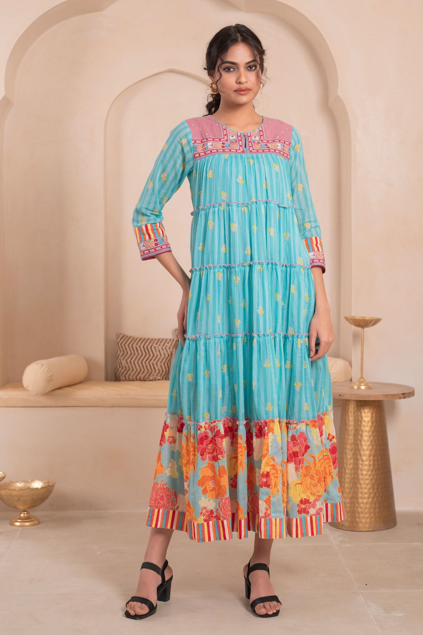 Women’s Cotton Blue Floral Embroidered Fit and Flare Dress – Elegant Casual and Party Wear Outfit