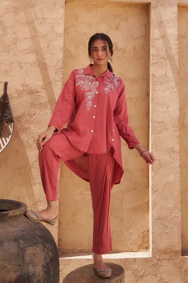 Red Co-Ord Set for Women | White Embroidered Collar & Front | Stylish Ethnic Wear