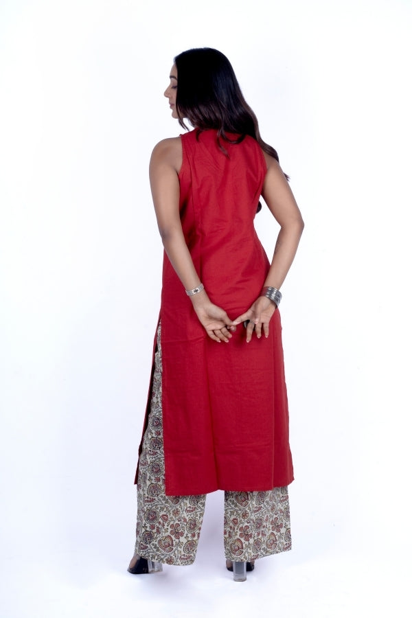 ❤️ Red Sleeveless Kurti with Ethnic Print Palazzo | V-Neck Indo-Western Set ❤️
