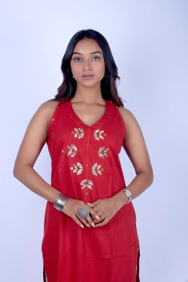 ❤️ Red Sleeveless Kurti with Ethnic Print Palazzo | V-Neck Indo-Western Set ❤️