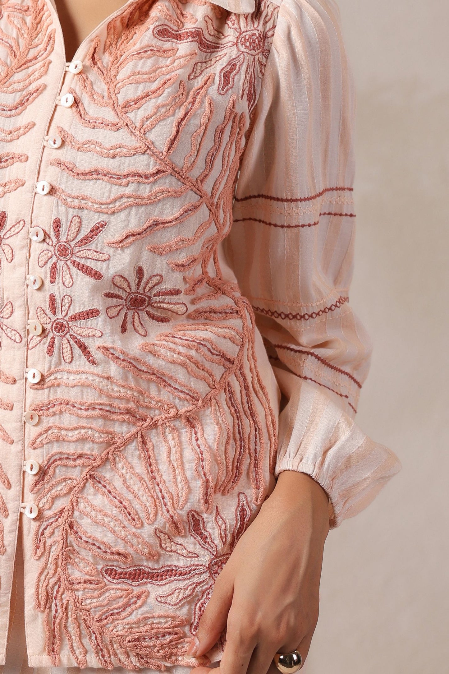 Embroidered Striped Lounge Set in Soft Peach Co-orde set