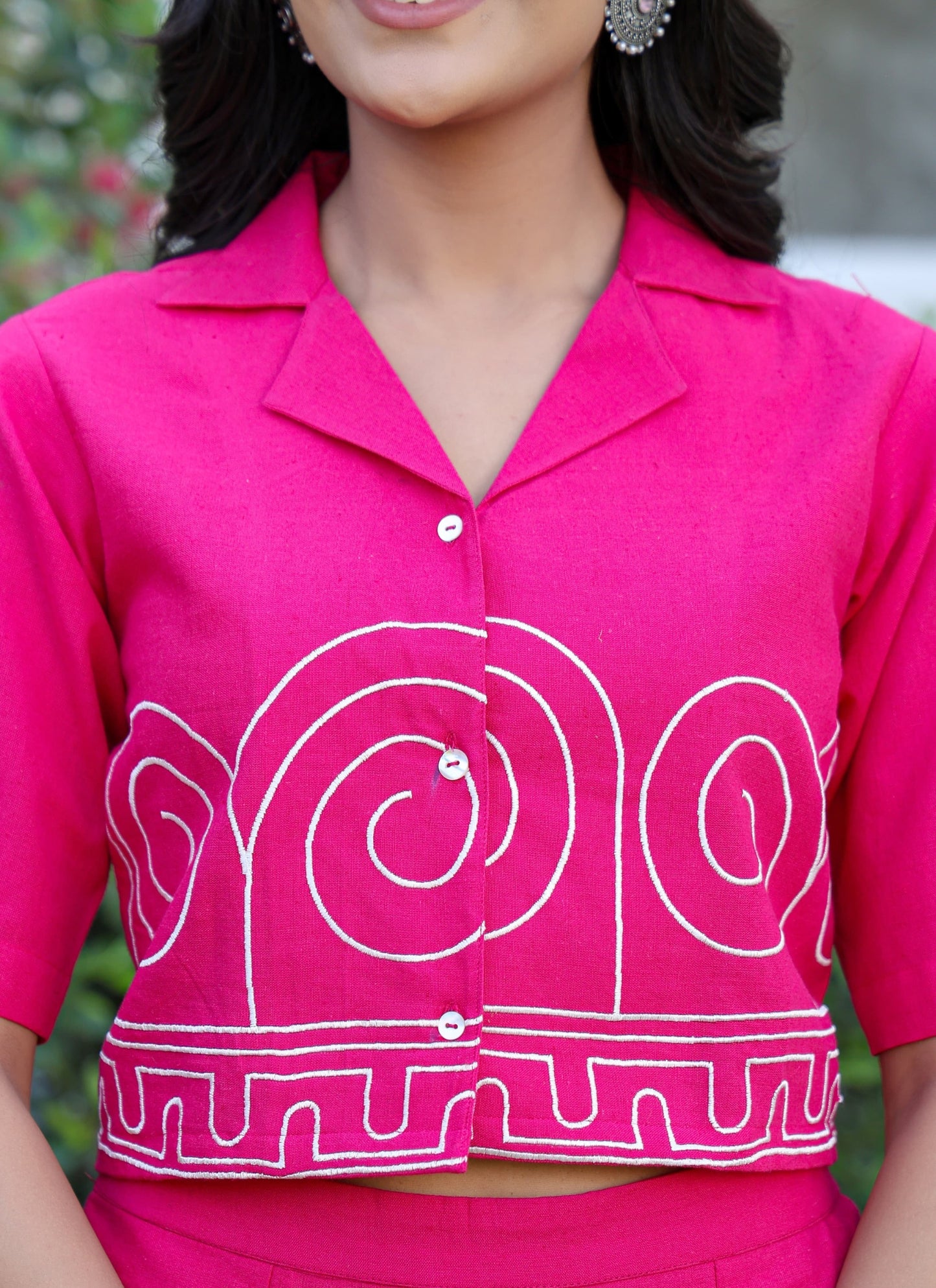 Women’s Pure Cotton Pink Embroidered Co-Ord Set with Button-Down Top & Elastic Waist Pants 🌸✨