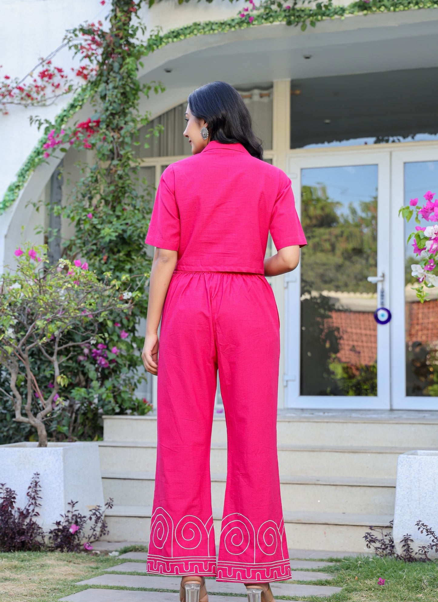 Women’s Pure Cotton Pink Embroidered Co-Ord Set with Button-Down Top & Elastic Waist Pants 🌸✨