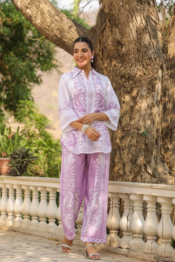 Lavender & White Ethnic Print Co-Ord Set for Women Stylish Printed Top & Pant Set