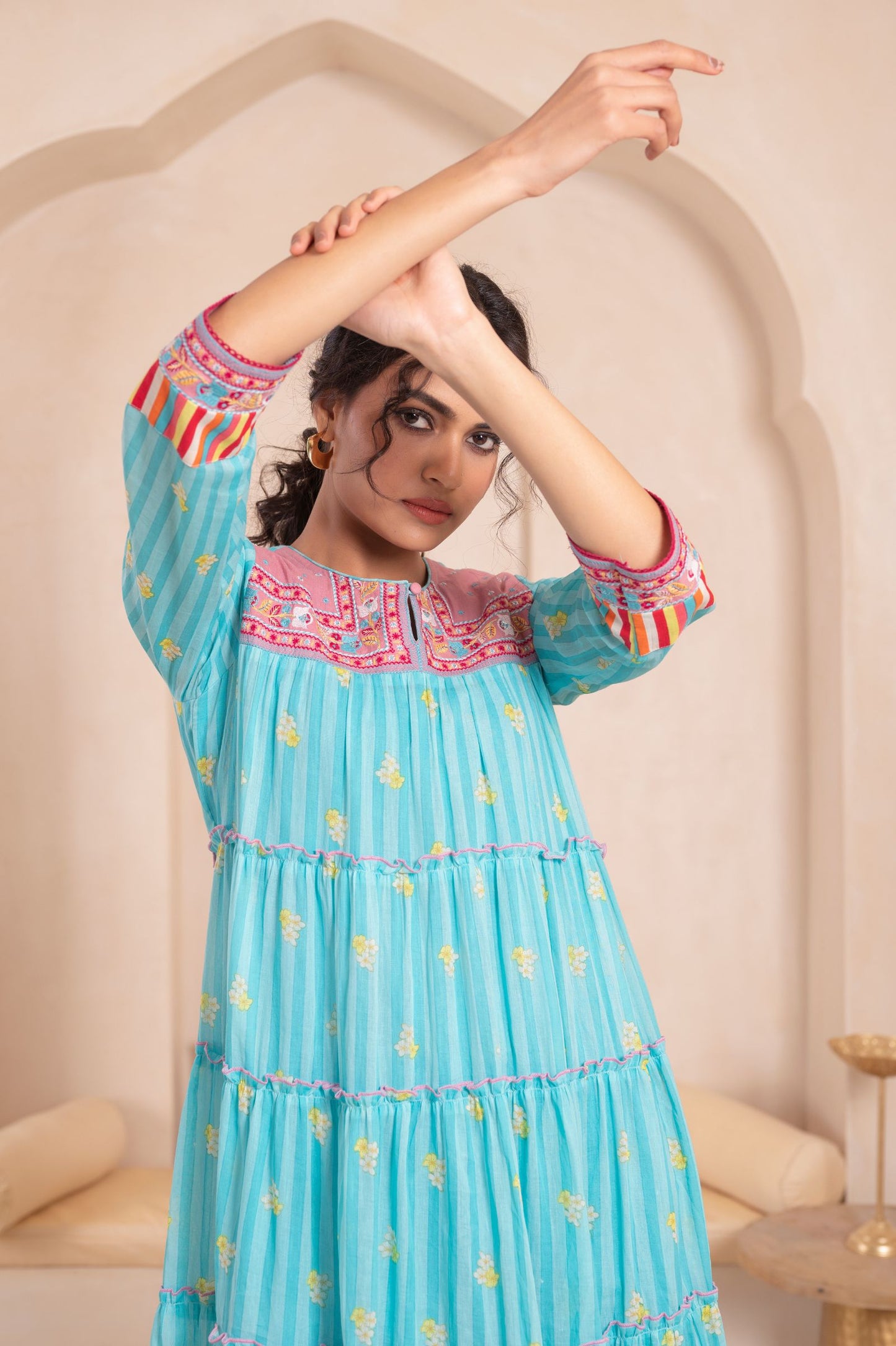 Women’s Cotton Blue Floral Embroidered Fit and Flare Dress – Elegant Casual and Party Wear Outfit
