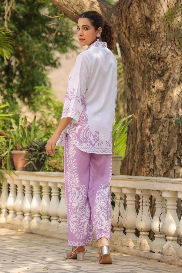 Lavender & White Ethnic Print Co-Ord Set for Women Stylish Printed Top & Pant Set