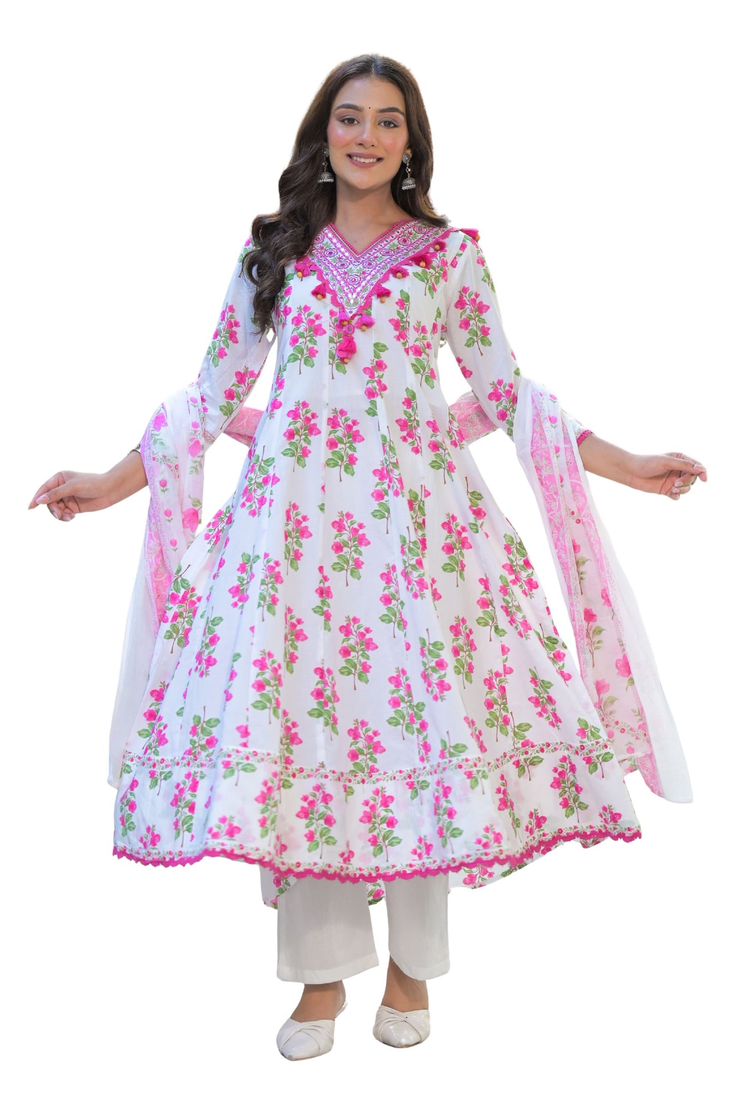 Women’s Ethnic Wear White Floral Pure Cotton Anarkali Kurta Pant Set with Dupatta