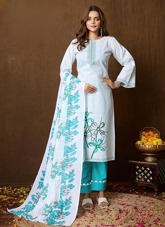 Noor Jahan White Blue Unstitched Salwar Suit Material
