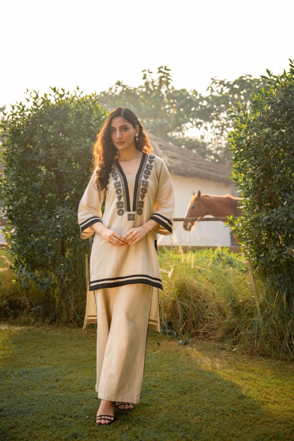 Beige V-Neck Co-Ord Set π« Black Thread Embroidery & Border Detailing π€ Perfect for All Occasions π