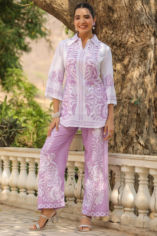 Lavender & White Ethnic Print Co-Ord Set for Women Stylish Printed Top & Pant Set