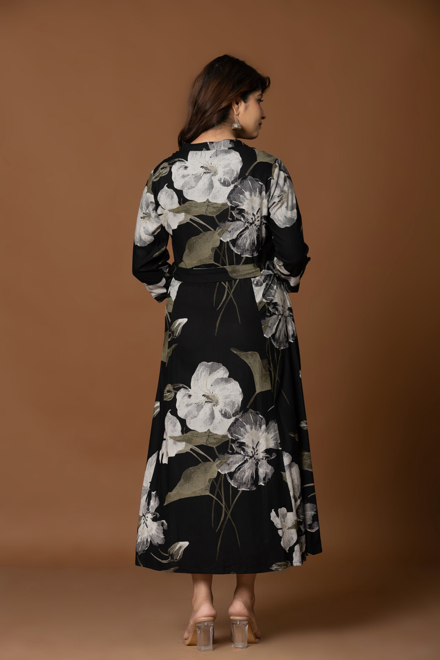 Midnight Bloom Belted Shirt Dress – Floral Elegance in Black