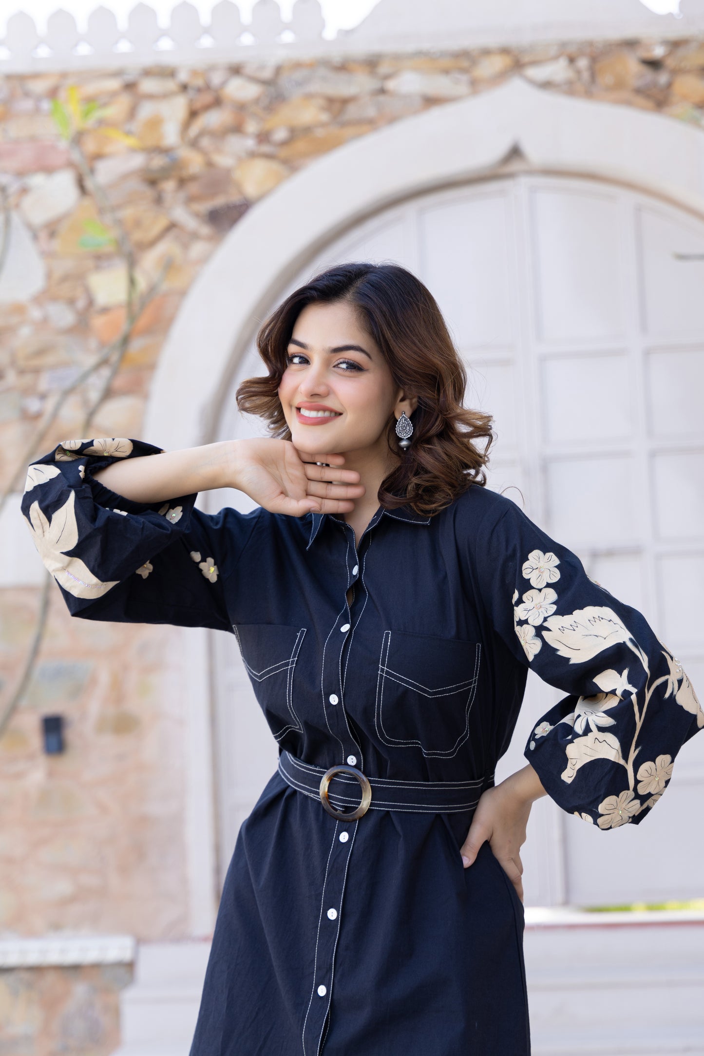 Embroidered Denim Shirt Dress | Midnight Bloom π | Floral embroidery on balloon sleeves