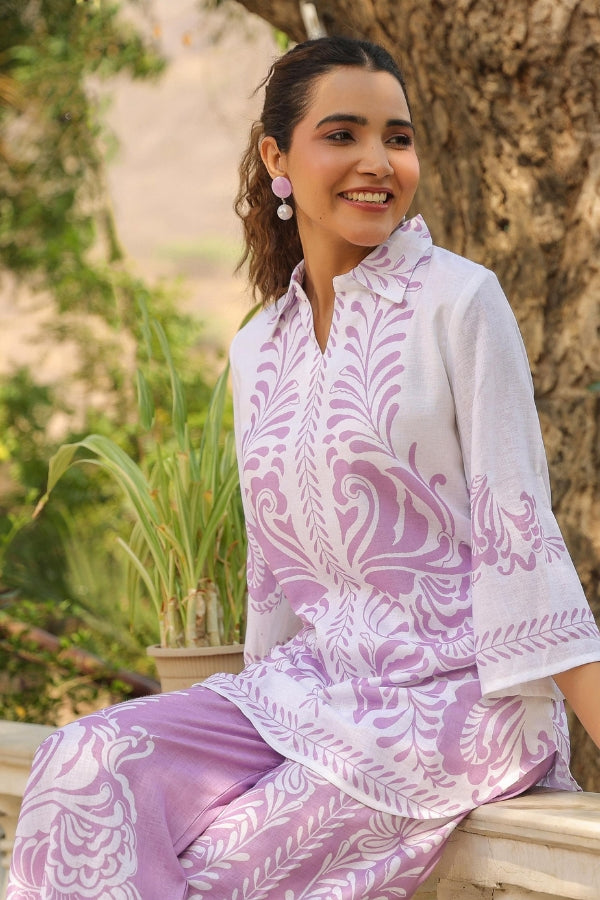 Lavender & White Ethnic Print Co-Ord Set for Women Stylish Printed Top & Pant Set