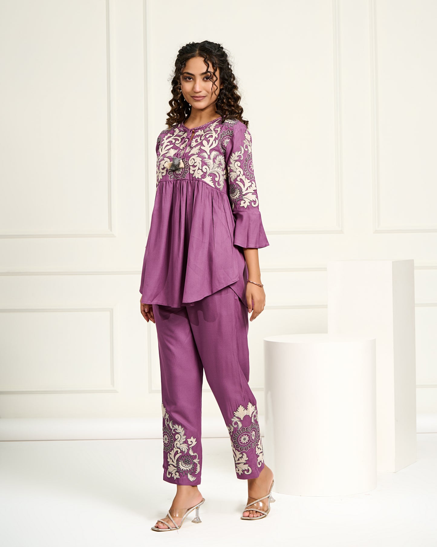 Women's Purple Embroidered Co-ord Set | Flared Kurta with Straight Pants