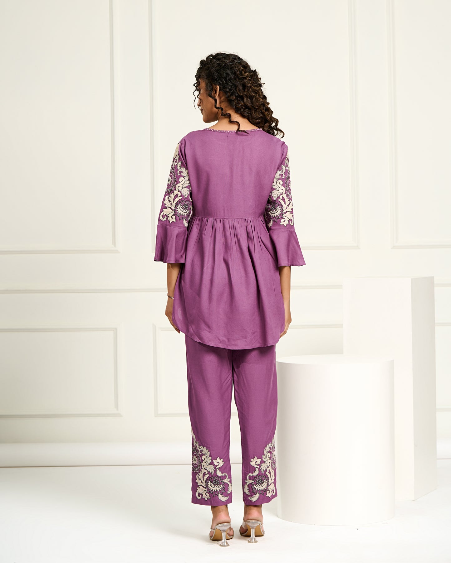 Women's Purple Embroidered Co-ord Set | Flared Kurta with Straight Pants