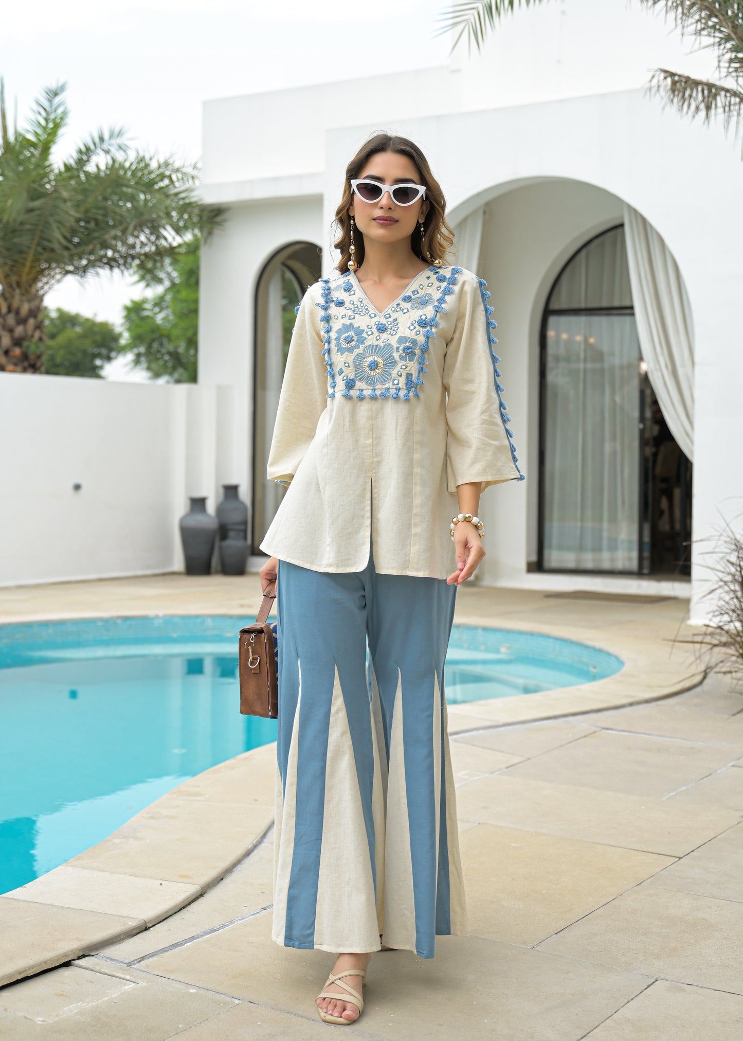 Blue Blossom Luxe Co-Ord Set – Handcrafted Embroidered Elegance