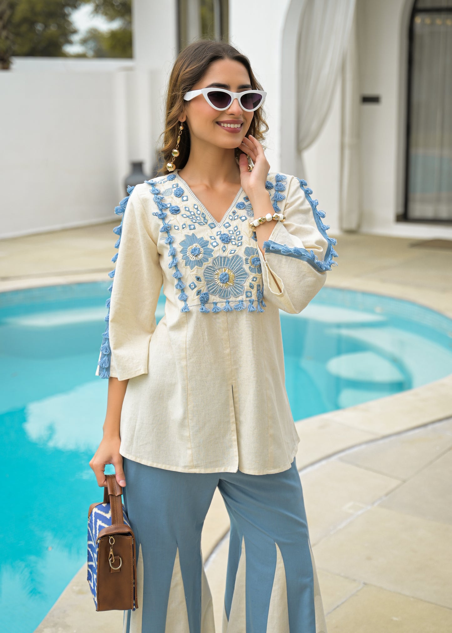 Blue Blossom Luxe Co-Ord Set – Handcrafted Embroidered Elegance