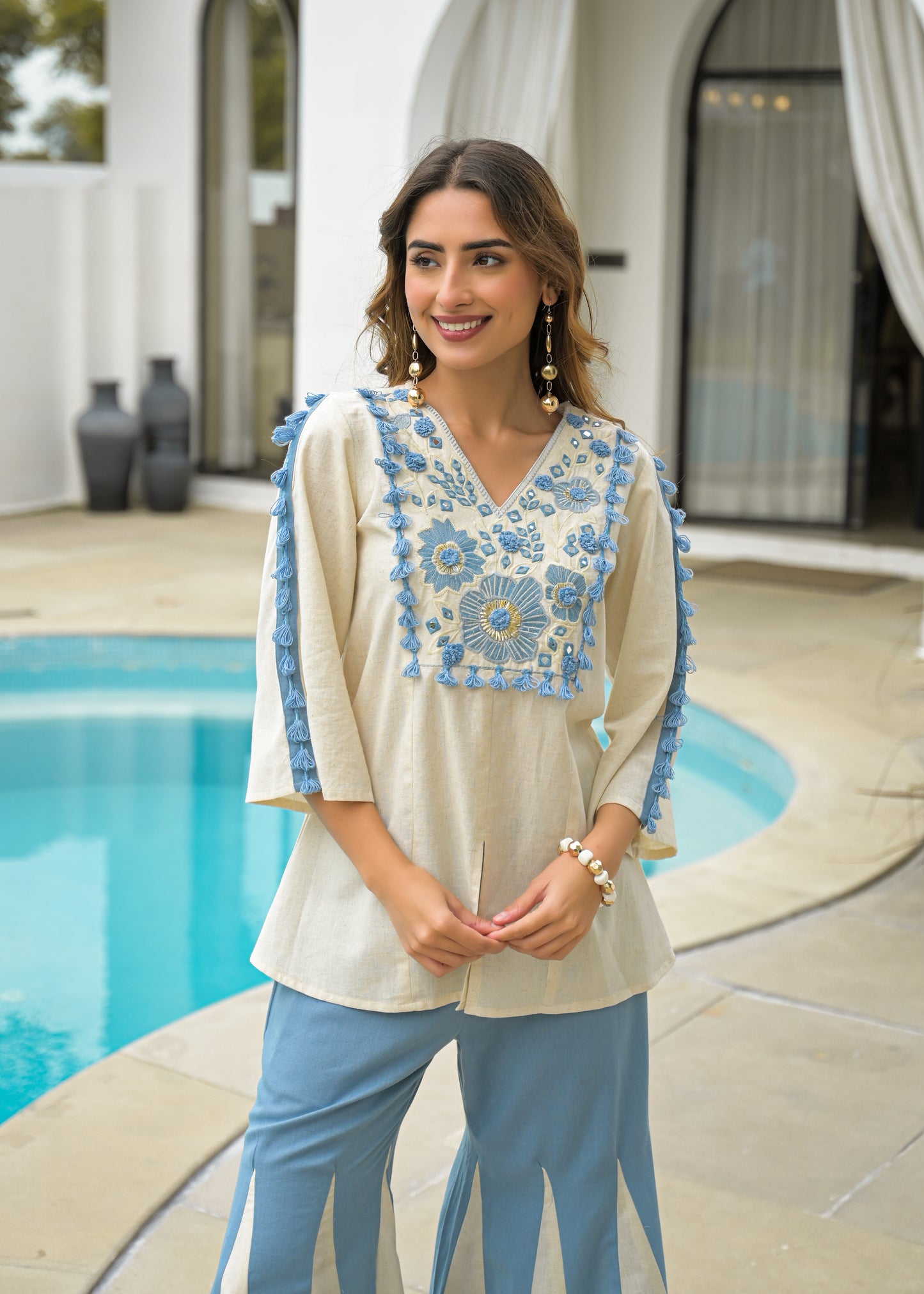 Blue Blossom Luxe Co-Ord Set – Handcrafted Embroidered Elegance