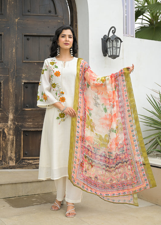 🌿 Ivory Bloom Embroidered 3-Piece Suit Set
