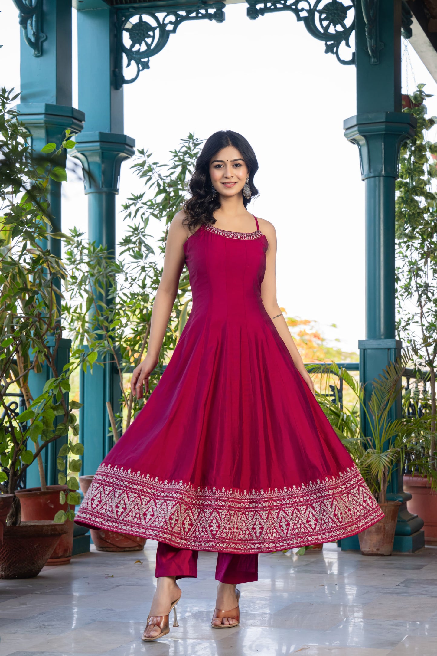 Women's Dark Pink Pure Cotton Salwar Suit Set | Sleeveless Fit-Flared Kurta and Elastic Waistband Pant with Embroidered Dupatta