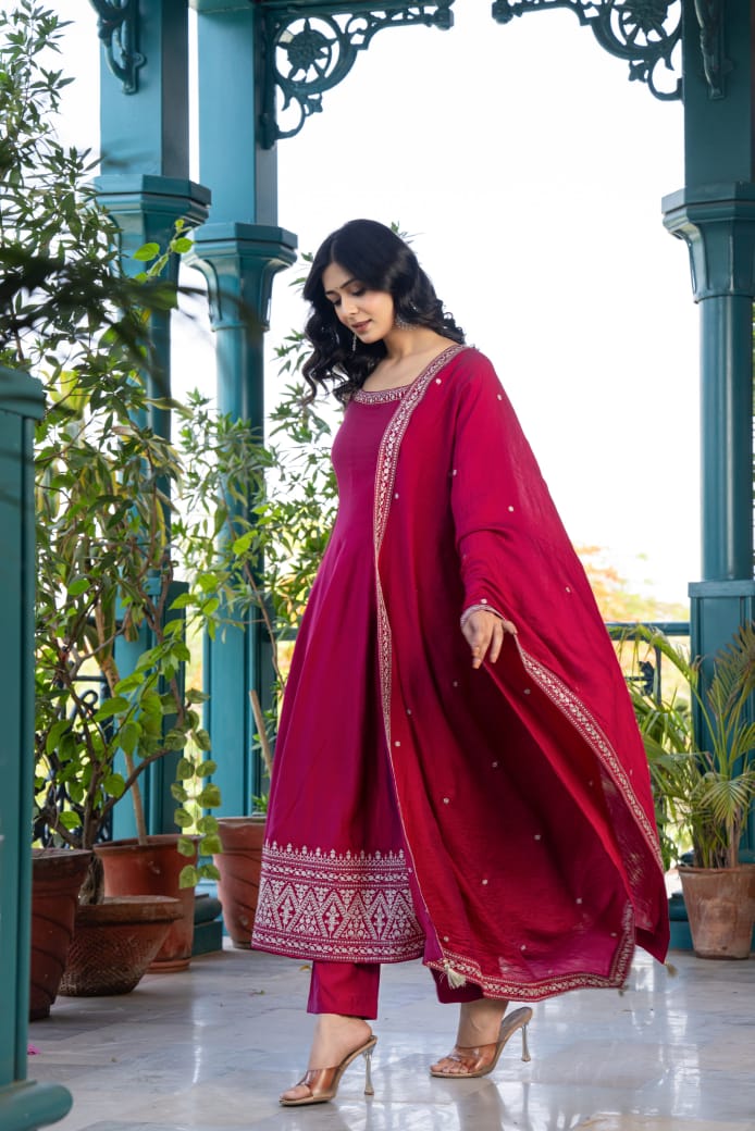 Women's Dark Pink Pure Cotton Salwar Suit Set | Sleeveless Fit-Flared Kurta and Elastic Waistband Pant with Embroidered Dupatta