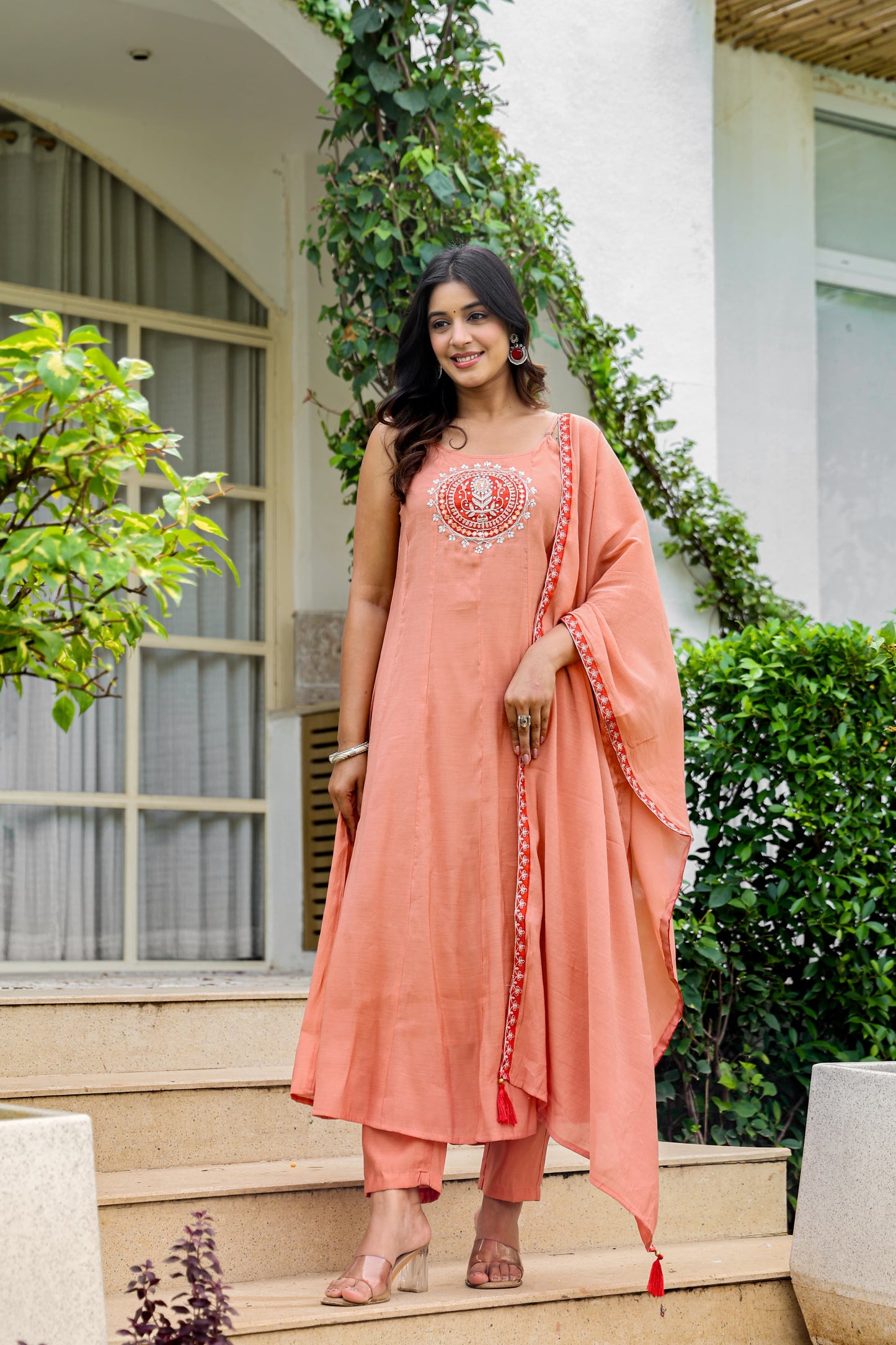 🩰 Peach Grace Embroidered Anarkali Set