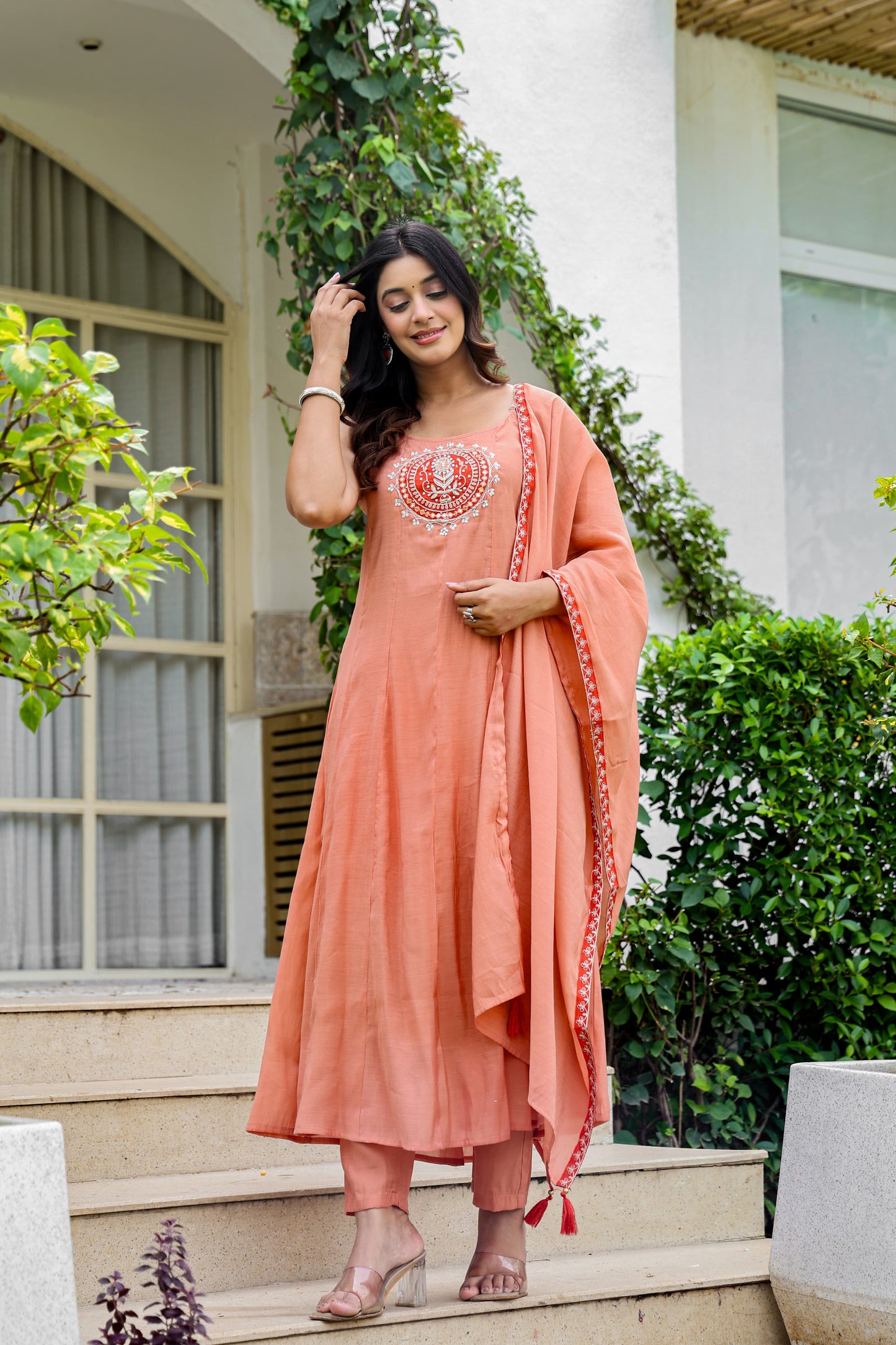 🩰 Peach Grace Embroidered Anarkali Set
