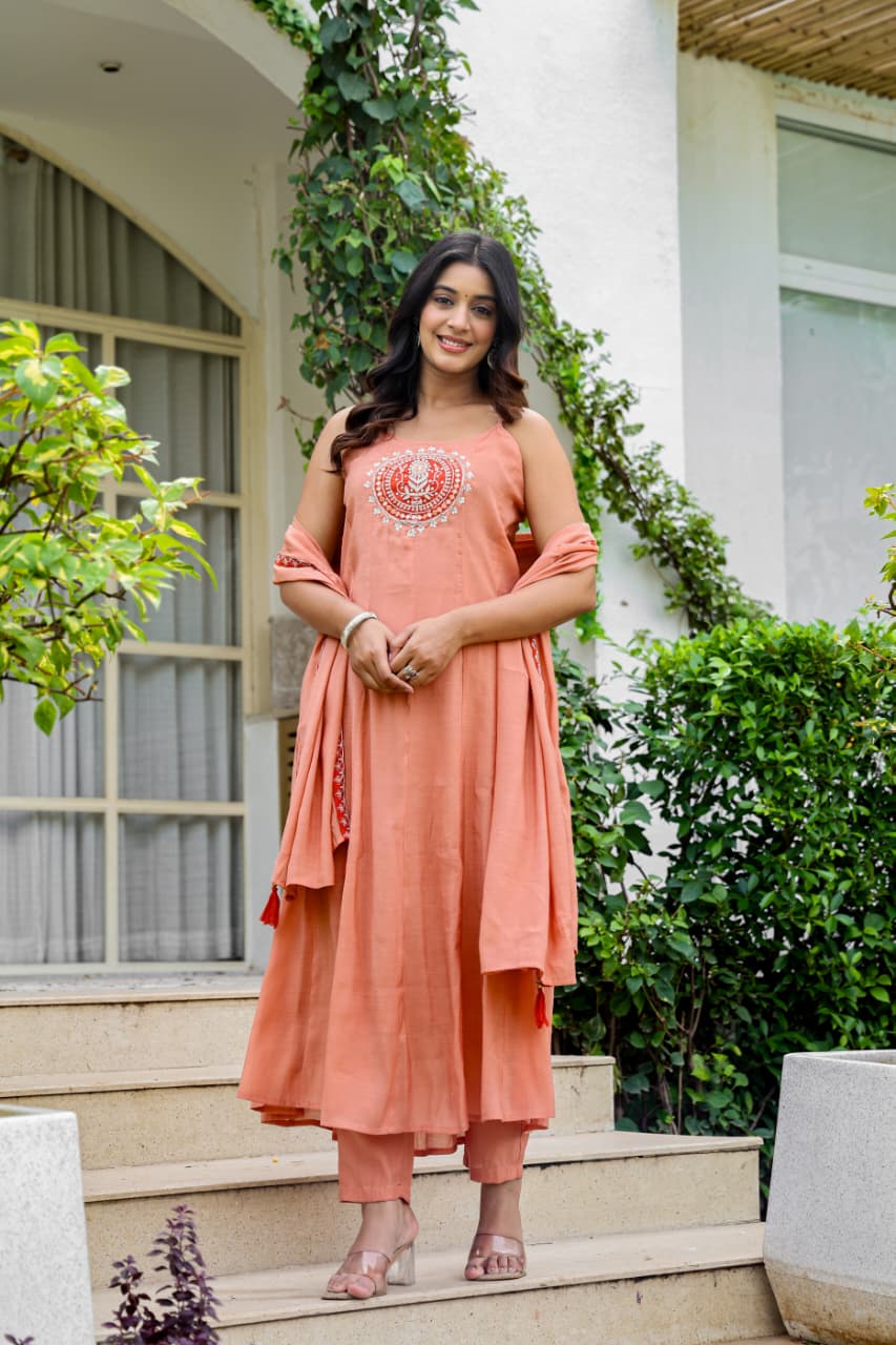 🩰 Peach Grace Embroidered Anarkali Set