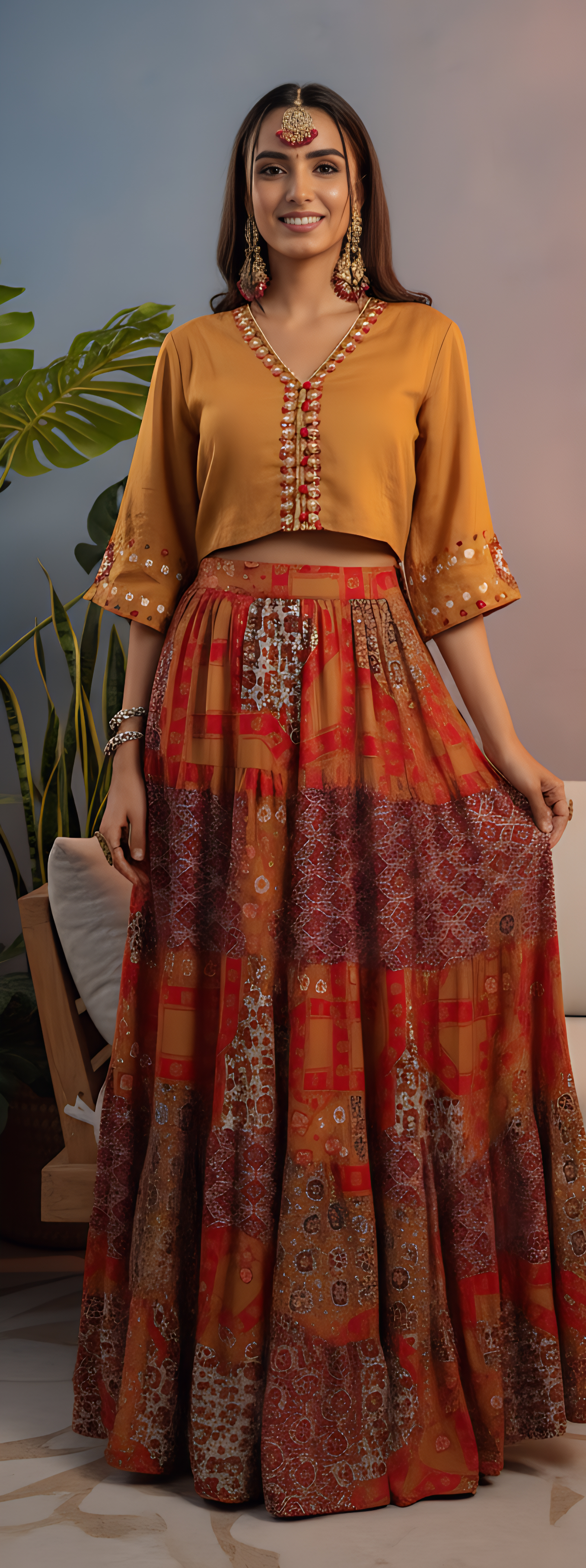 🔥 Boho Royalty Mustard & Red Lehenga Set – Spin, Sparkle & Slay