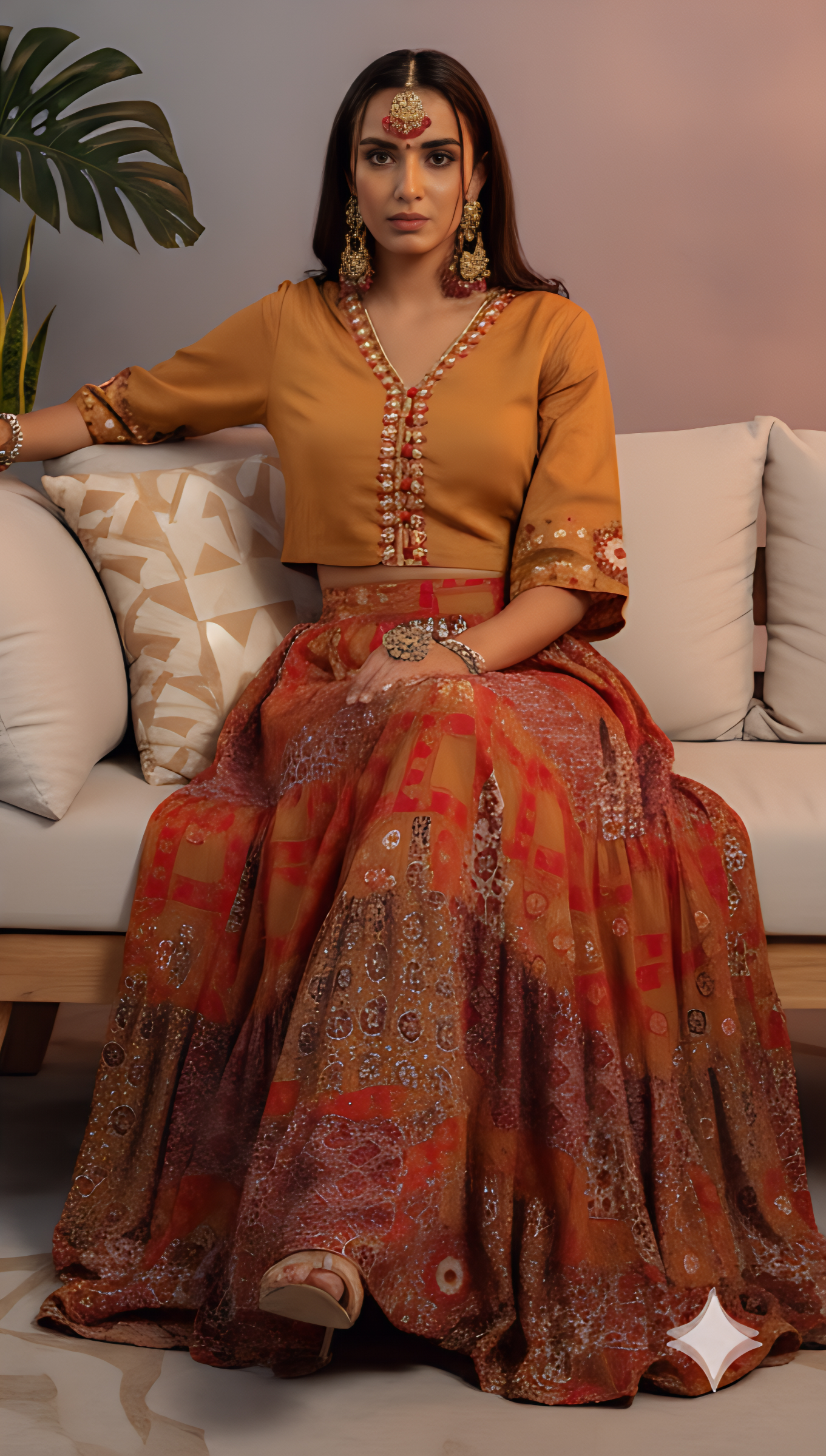 🔥 Boho Royalty Mustard & Red Lehenga Set – Spin, Sparkle & Slay