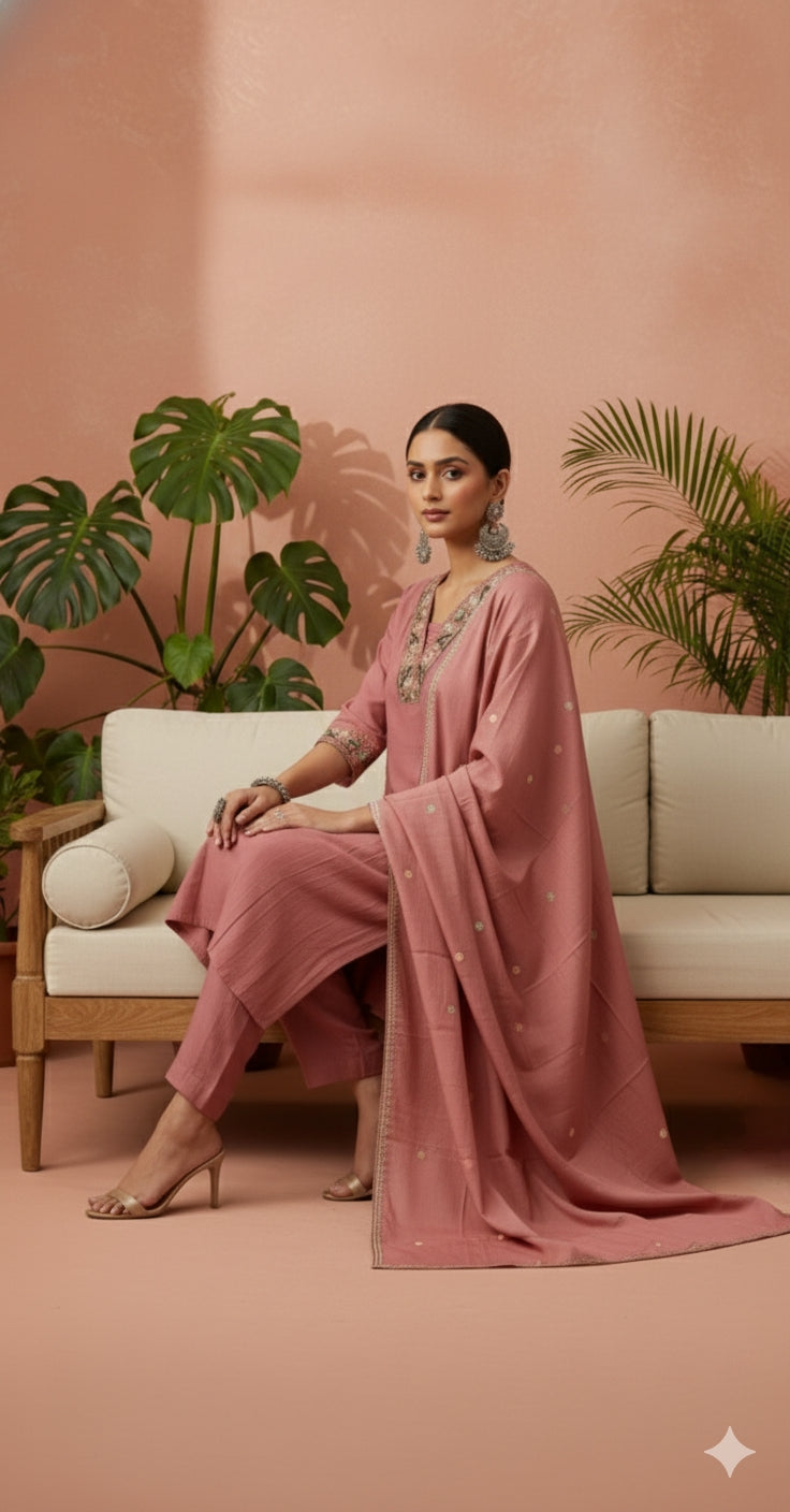 Nimesha Dusty Rose Embroidered Kurta Set with Dupatta